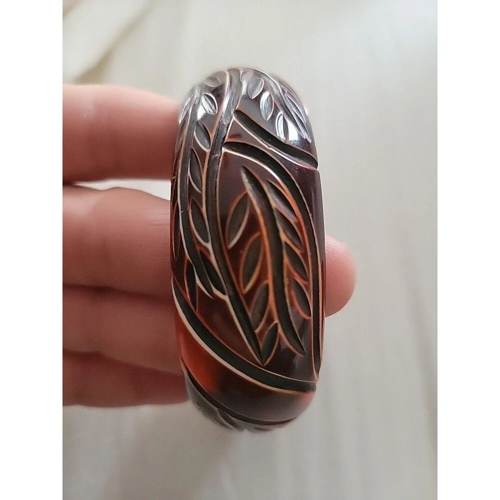 Vtg Mid Century Burnt Orange Deeply Carved Leaf Large Bangle Bracelet Bakelite?